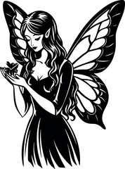 Elegant black and white fairy with wings and a flower in her hands