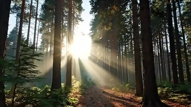 Sunlight rays shining through tall pine trees in dense forest