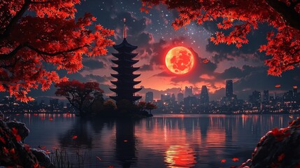 Fototapeta premium Dreamy Night Fantasy Landscape with Glowing Red Moon Over Serene Water Reflection