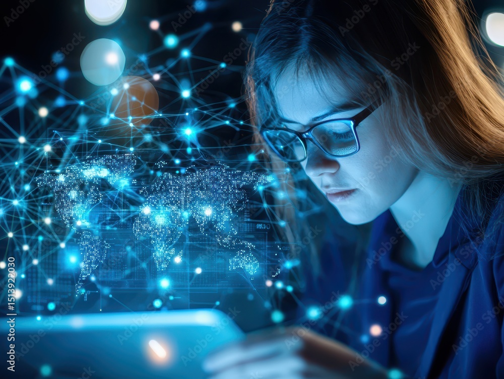 Poster business confident finance concept. a young woman interacts with technology while illuminated by dig