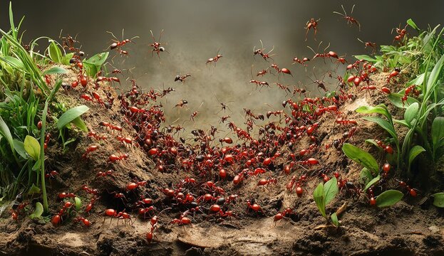 Group of Ants Building Ant Hill in Brown Soil with Green Grass, Including Scattered Red Fire Ants, Nature and Teamwork Concept