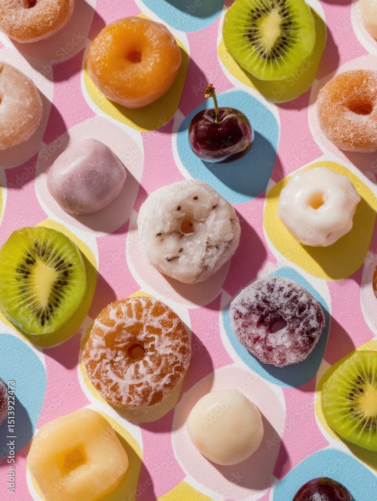 Poster Frozen Snack Assortment in Geometric Pattern Arranged Attractively on Colorful Background With Minimal Distractions for Visual Appeal