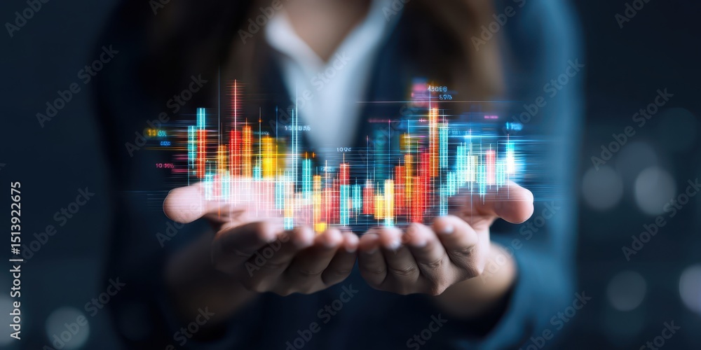 Poster business confident finance concept. digital hands holding abstract data visualization representing t