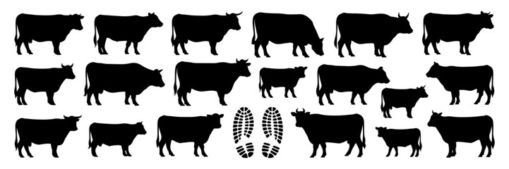 Black animal silhouettes of farm livestock including cows, horses, and pigs, perfect for vector illustrations of nature and agriculture