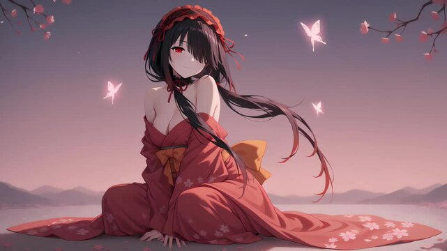 Very cute and beautiful anime girl in kimono on the background of sakura, anime wallpaper for pc