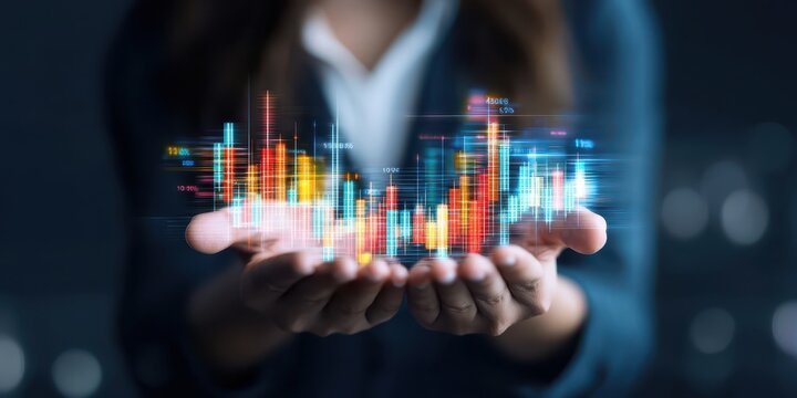 Business confident finance concept. Digital hands holding abstract data visualization representing technology and finance. - Powered by Adobe