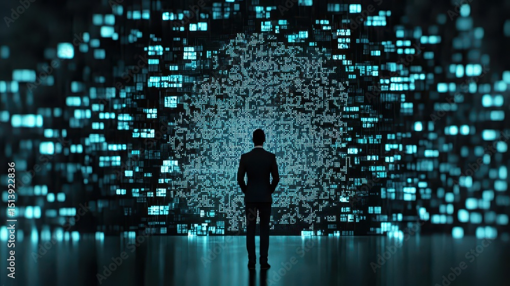 Poster business confident finance concept. a figure stands before a glowing digital display in a futuristic
