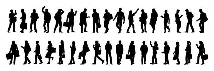 Vector silhouettes of people, including men, women, and families, walking and posing in groups, are ideal illustrations for business and fashion outlines