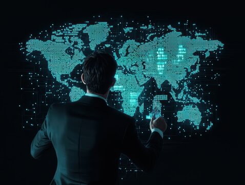 Business confident finance concept. A person interacts with a digital world map, showcasing technology and global connectivity.