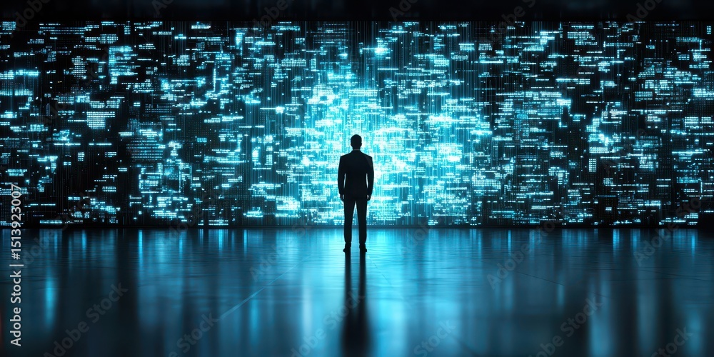 Poster business confident finance concept. a person stands before a large, illuminated digital display, sur