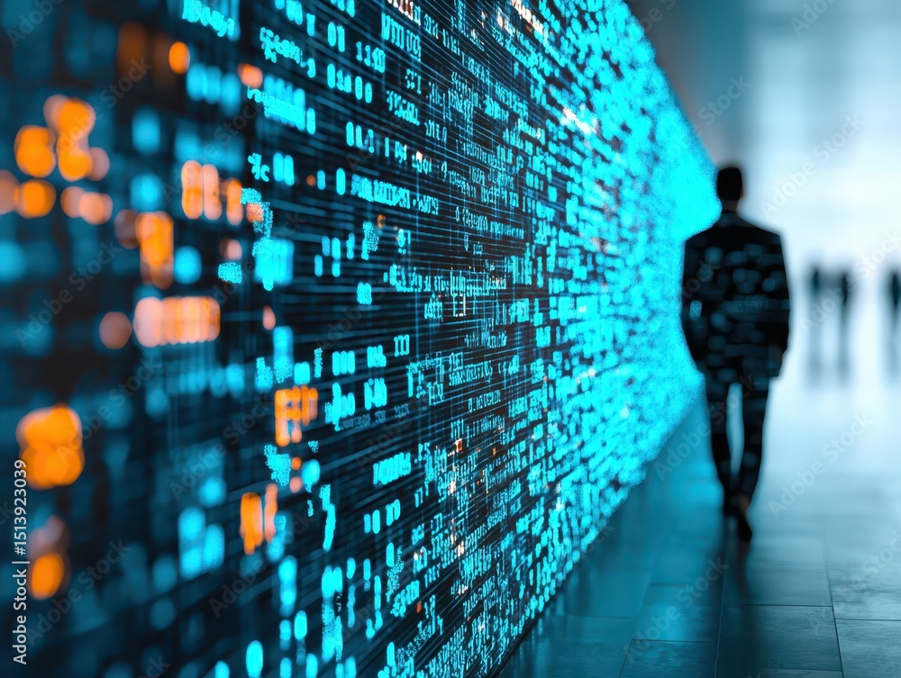 Poster business confident finance concept. silhouette of a person walking past a digital wall with glowing 