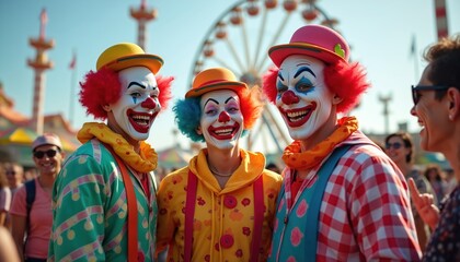 Fototapeta premium Three colorful clowns entertain visitors at lively carnival. Clowns with bright make-up costumes, red wigs, hats. Amusement park, fun party atmosphere. People laugh, fun. Entertainment, circus show,