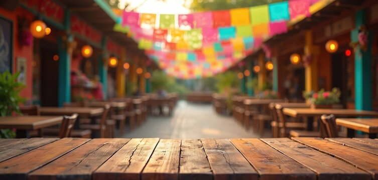 Fototapeta Wooden table in Mexican outdoor restaurant. Restaurant decorated for Cinco de Mayo fiesta, holiday celebration. Colorful decorations, garlands, flags, festive lights at street cafe. Product display