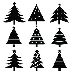 Obraz premium Collection of stylized black christmas tree silhouettes with star decorations against a white background