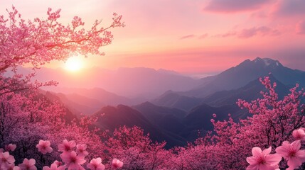 Sunrise over mountain range with blooming cherry blossoms.
