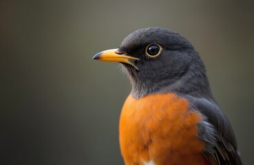 American Robin portrait. Bird with orange breast, gray feathers, black head, yellow beak. Wildlife beauty, close-up, nature focus. Avian theme for eco-conscious projects, environmental campaigns.