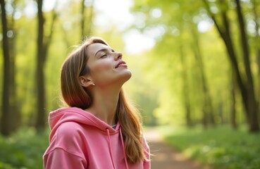 Young woman breathes fresh air in green spring forest. Calm female in pink hoodie enjoys morning nature. Concept of wellness wellbeing, mental health. Lifestyle, health, recreation, meditation,