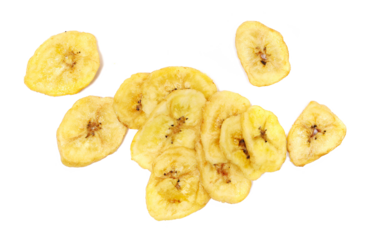 Pile dried banana chips, slices isolated on white background, top view