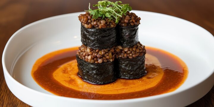 A gourmet dish featuring stacked seaweed-wrapped rolls with grains, garnished with microgreens and served on a bed of red sauce. - Powered by Adobe