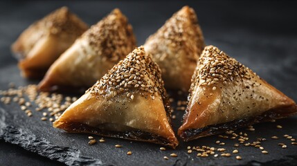 Geometric filo pastry pieces aligned with dates and sesame, slate background