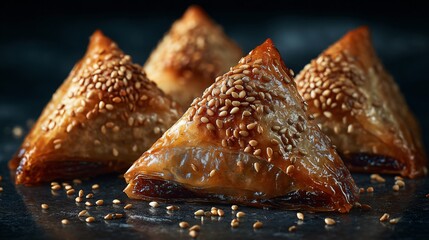 Geometric filo pastry pieces aligned with dates and sesame, slate background