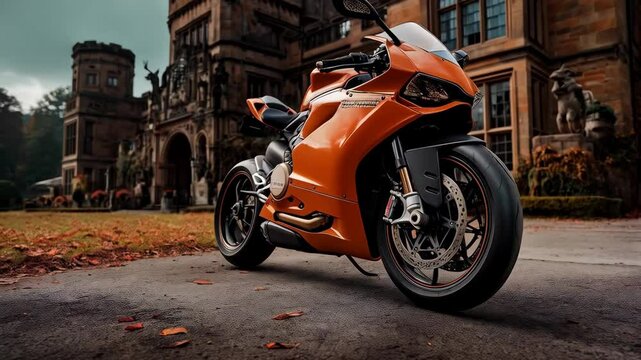 Orange superbike parked in front of a grand estate, classic architecture, and autumnal foliage, creating a sense of speed and heritage
