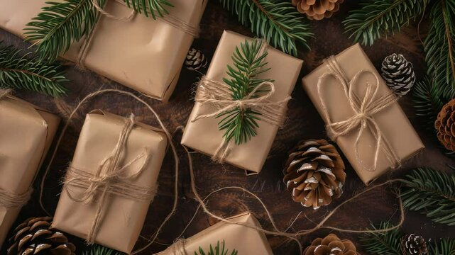Festive presents, wrapped in brown paper and tied with twine, surrounded by pine branches and pinecones create a warm, natural holiday aesthetic. 