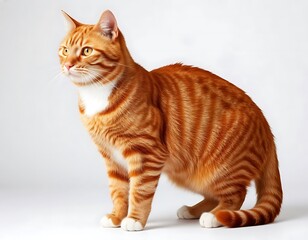 ginger cat red fluffy tabby cat stands on its paws isolated on a white background