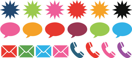Colorful vector illustrations of bursting stars speech bubbles envelopes and telephone handsets