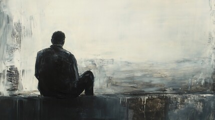 Obraz premium Silhouetted figure sits alone, contemplating a hazy vista.