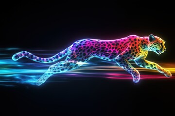 Glowing neon cheetah sprinting with colorful surreal fantasy energy light trail