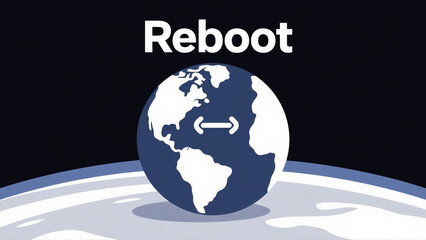 Earth orbit image with symbolic loading emblem and bold Reboot caption representing technological renewal concept