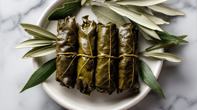 Symmetrical grape leaves stuffed and aligned on a white ceramic plate, olive branch beside, pale marble backdrop