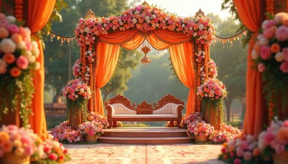 Elaborate wedding mandap decorated flowers garlands. Indian Hindu marriage ceremony with couple celebration. Festive event design with traditional style. Bright colors luxury venue floral arrangement.