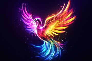 Colorful glowing neon phoenix bird with wings spread in surreal fantasy artwork