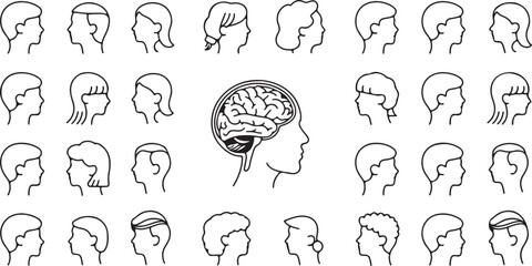 Human head profiles with diverse hairstyles and an anatomical illustration of the brain