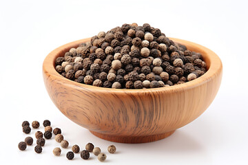 peppercorn in wood bowl isolated on a white background