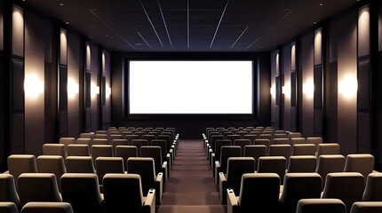 Elegant Movie Theater Interior with Empty White Screen and Rows of Seats