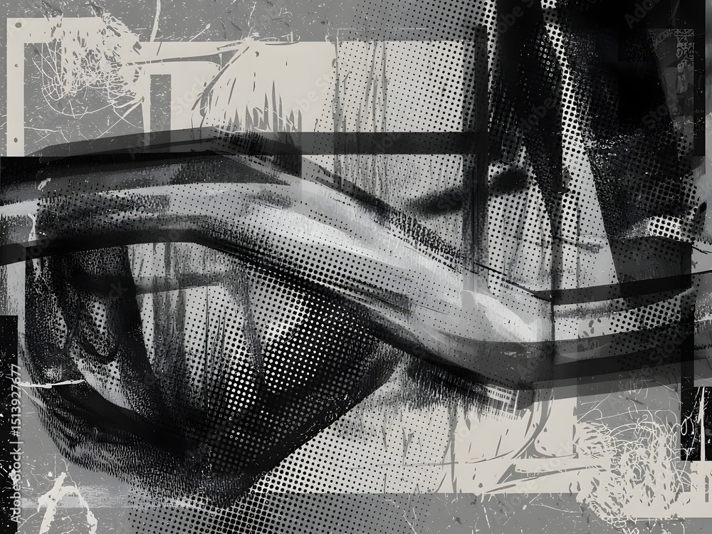 Poster grayscale abstract background with halftone brush strokes and geometric shapes