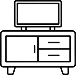 Outline icon of a TV stand, which is a piece of furniture designed to support a television 