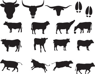 Comprehensive vector set of cattle silhouettes: cows, bulls, Texas longhorn skulls, and hoof prints. Ideal for farm, ranch, meat industry, or Western-themed designs.