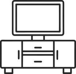 Outline icon of a TV stand, which is a piece of furniture designed to support a television 