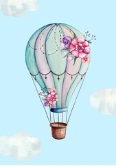 Whimsical Watercolor Hot Air Balloon Illustration with Flowers in Pastel Colors for Nursery Decor and Greeting Cards