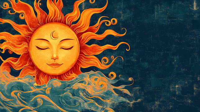 Illustration with a stylized sun with a serene face for sinhala new year celebration