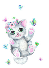 Cute cartoon kitten with flower crown in watercolor style, pastel grey and pink colors, representing spring and childhood joy concept