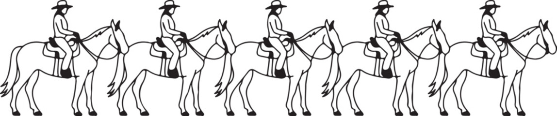 Repeating black and white illustration of people riding horses in a row