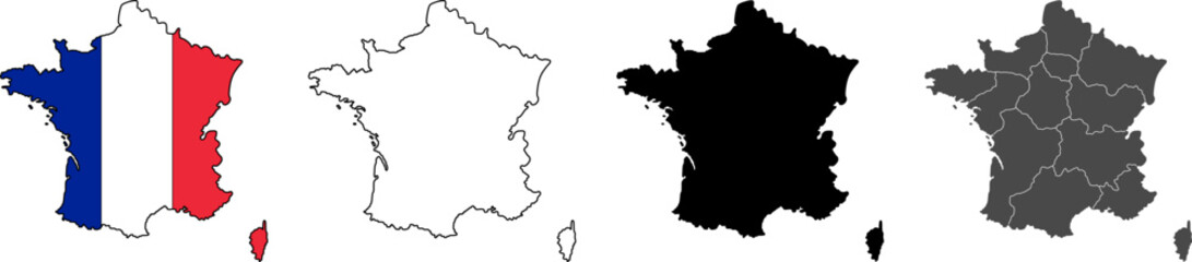 Comprehensive Set of France Maps and Flag Variations, Including Regional Divisions, Outlines, Silhouette, and National Flag, Essential for Geographic and Patriotic Designs