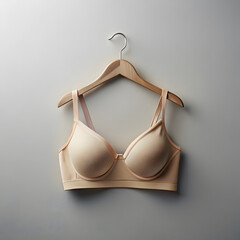 AI Generated image of Beige bra hanging on a wooden hanger against a gray background