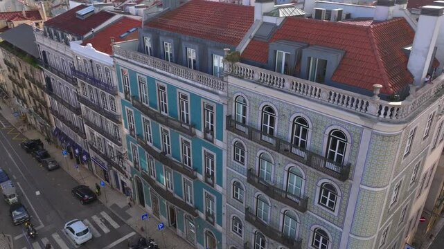 Azulejo Fascades in Lisbon. Aerial view of an Old Portuguese House decorated with Ceramic Tiles - Traditional Azulejo