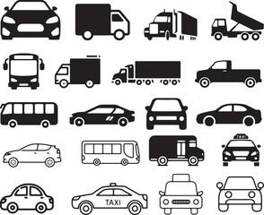 Comprehensive vector collection of diverse vehicle silhouettes & outline icons: cars, trucks, buses, taxis. Ideal for transportation, logistics, automotive, and travel designs.